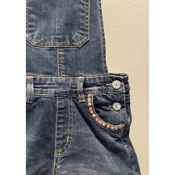 Peek Dungarees Girls Size 10 Overalls Denim Shortalls Embroidered Dark Wash Boho - Picture 4 of 9